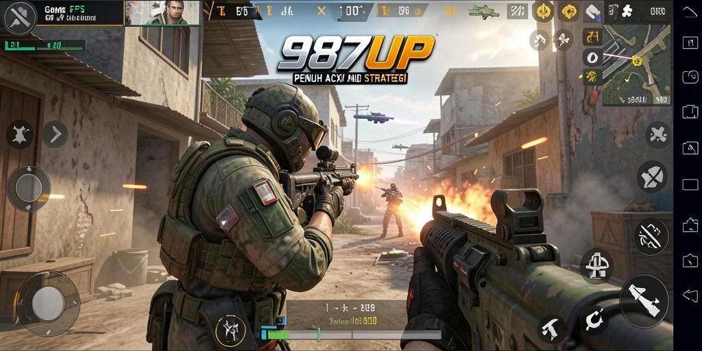 Tampilan gameplay seru dan intens di 987UP dengan aksi FPS.