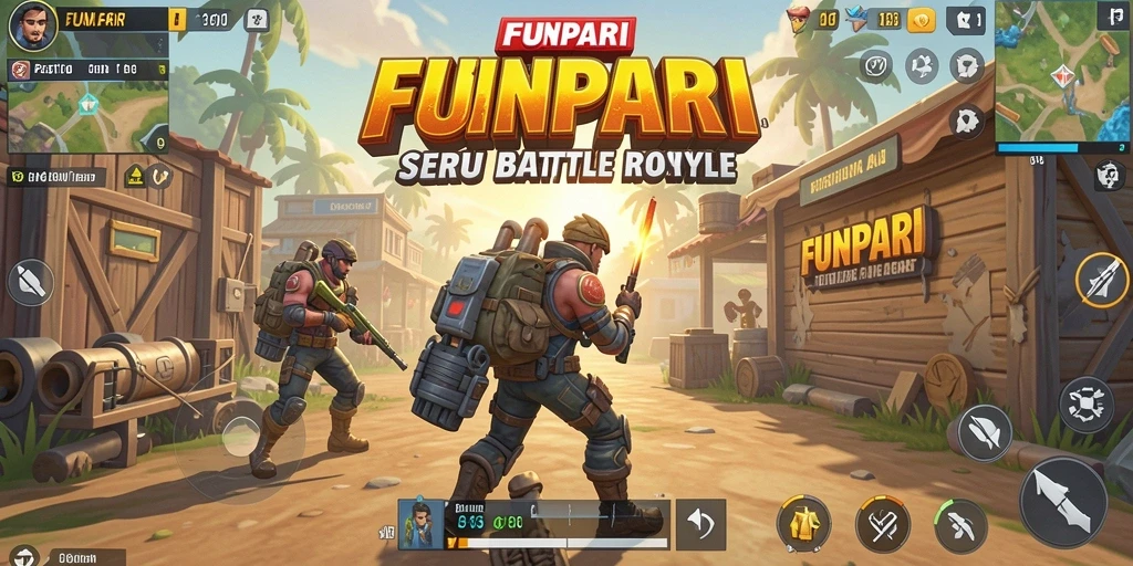 Tangkapan layar utama dari FUNPARI, menunjukkan aksi pertempuran Battle Royale.