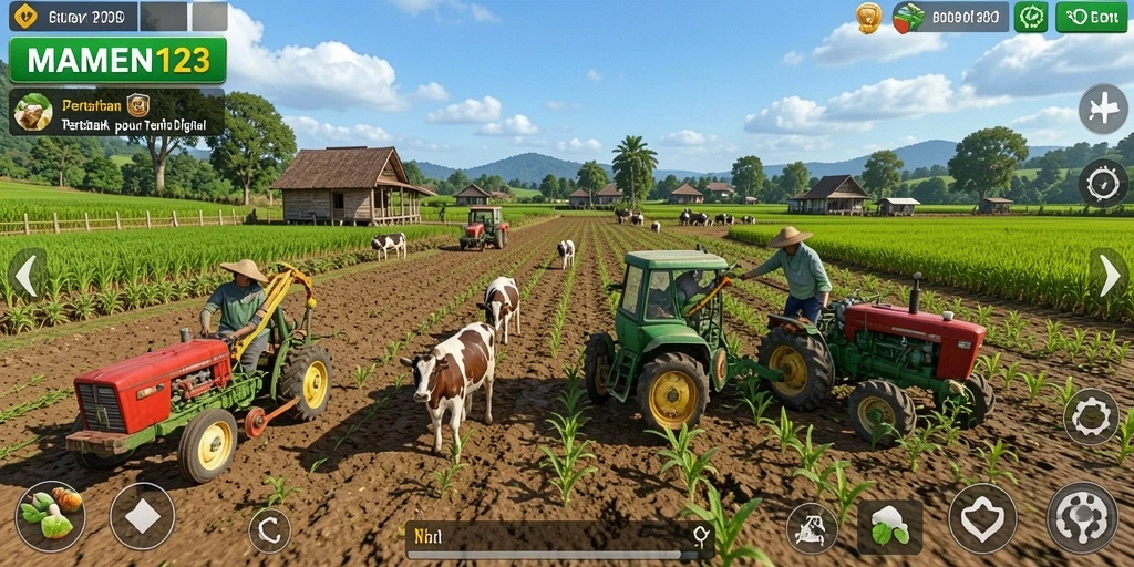 Tampilan gameplay menarik di MAMEN123 dengan aktivitas bertani.