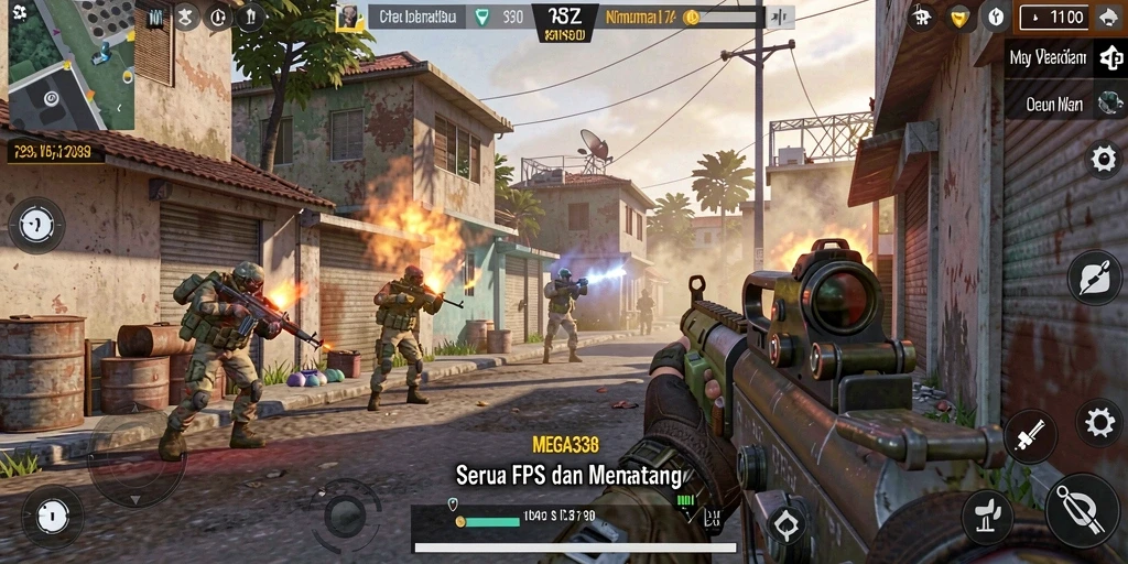 Screenshot gameplay MEGA338 menunjukkan aksi tembak-menembak intens.
