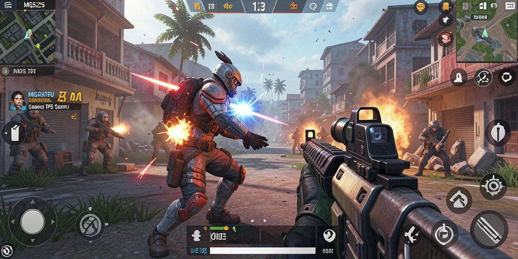Screenshot gameplay utama MG525 menampilkan aksi seru dalam tembak-menembak TPS.