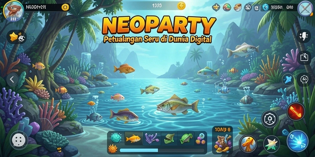 Gambaran gameplay seru NEOPARTY saat memancing di lautan.
