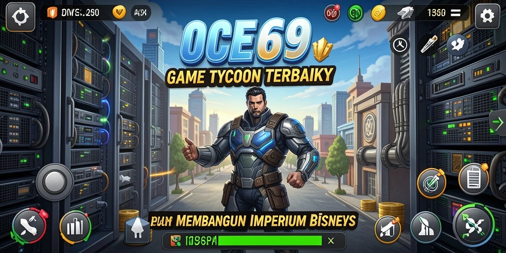 Screenshot utama OCE69 menampilkan gameplay seru saat membangun bisnis.