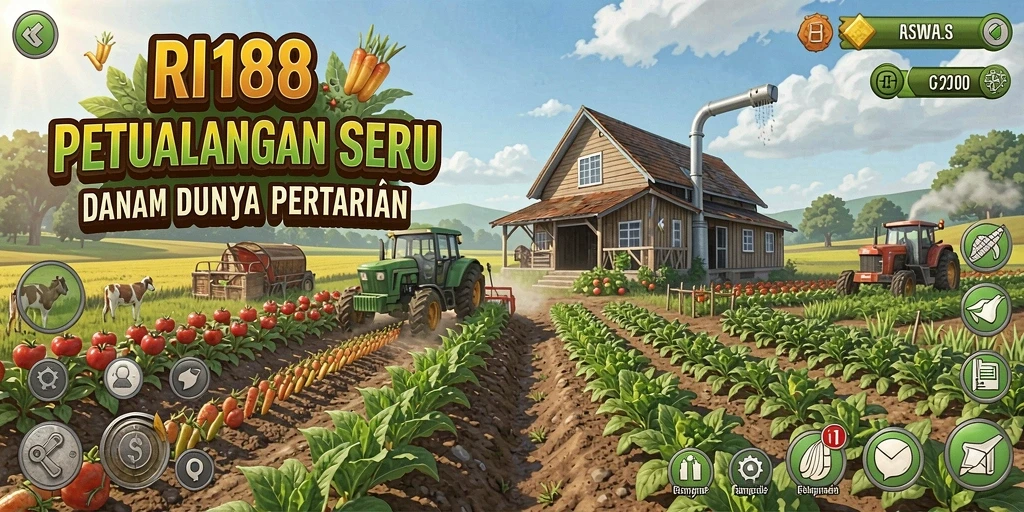 Tangkapan layar menunjukkan gameplay seru di RI188 dengan berbagai tanaman dan hewan ternak.