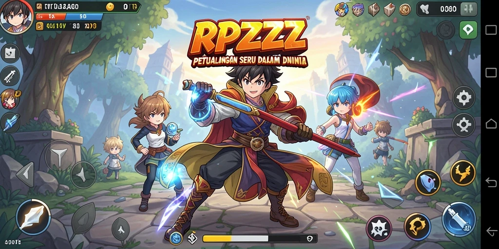 Screenshot gameplay RPZZZ menampilkan karakter Anime yang beraksi di lokasi yang indah.