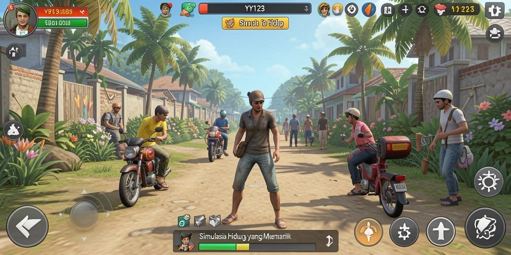 Screenshot gameplay YY123 menunjukkan interaksi karakter dalam simulasi kehidupan.